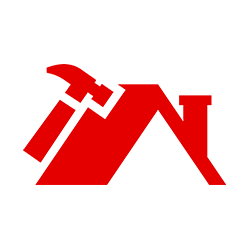 Red silhouette of a hammer over a house roof and chimney, suggesting construction or repair.