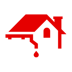 Red outline of a house with a roof, chimney, and gutter with a water droplet.