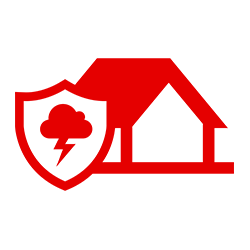 Red house icon protected by a shield with a storm cloud and lightning bolt.