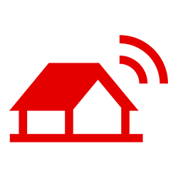 Red house icon with signal waves, representing smart home technology.