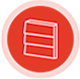 Red circle icon with a white outline of a shelf.