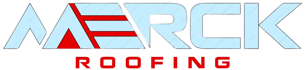 Logo for MAERICK ROOFING in light blue, red, and white.