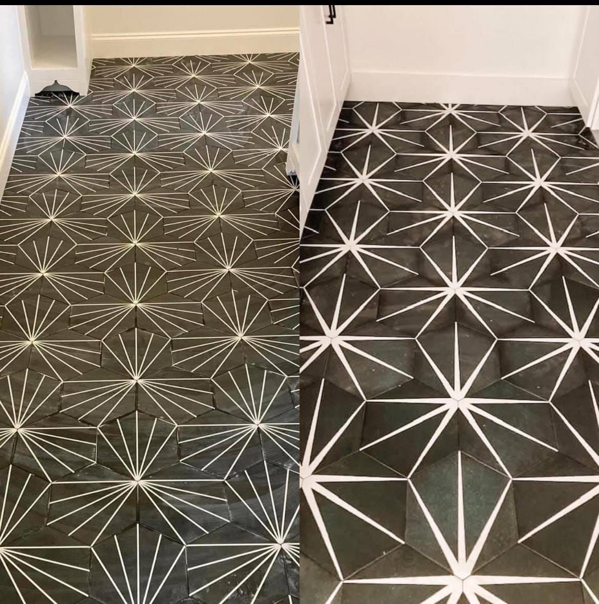 Black geometric patterned flooring in a hallway, shown as a before-and-after comparison with white walls.