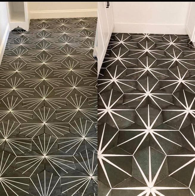 Black geometric patterned flooring in a hallway, shown as a before-and-after comparison with white walls.