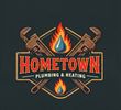 Hometown Plumbing & Heating logo with crossed wrenches and flames on a dark background