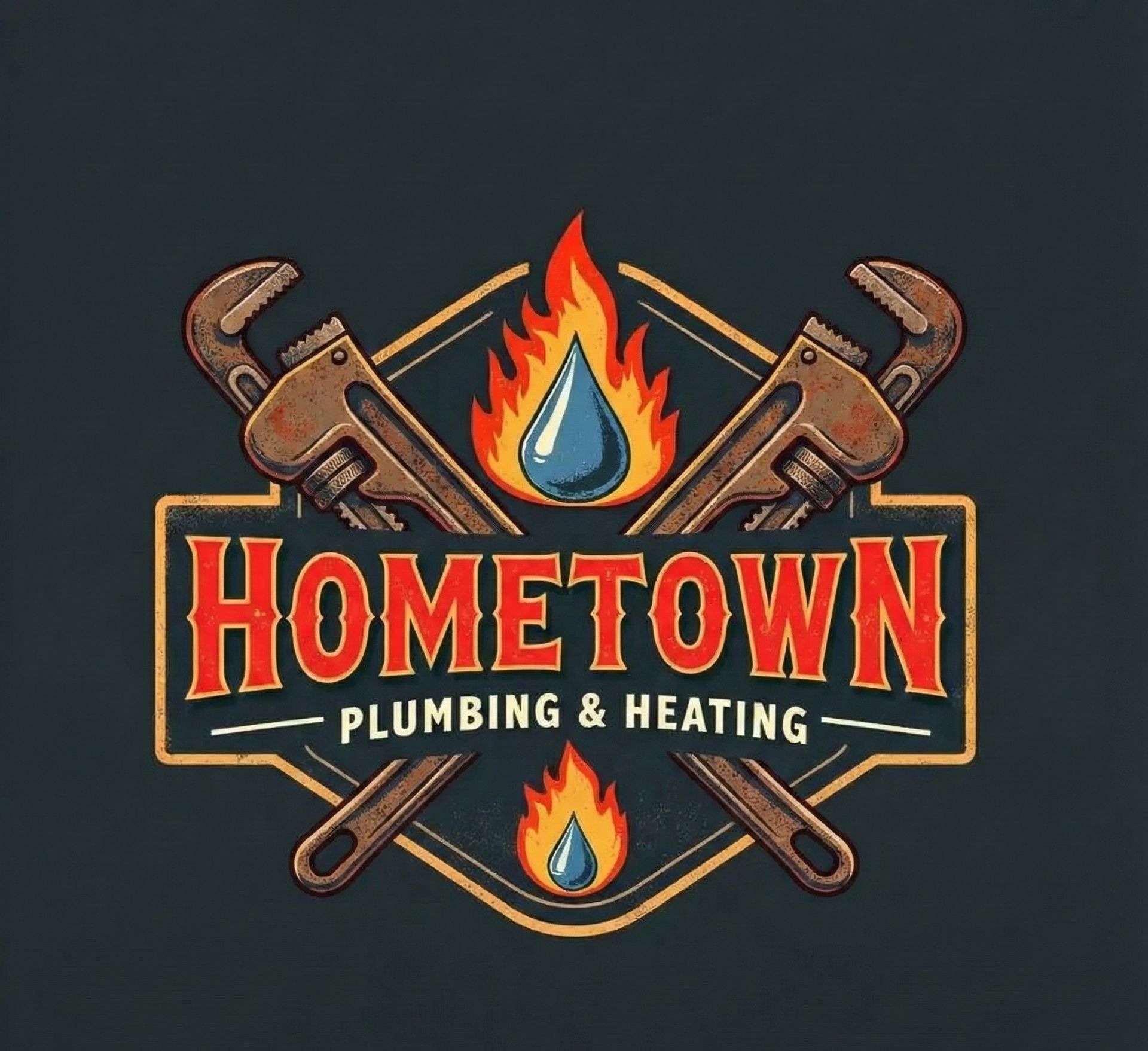 Hometown Plumbing & Heating logo with crossed wrenches and flames on a dark background