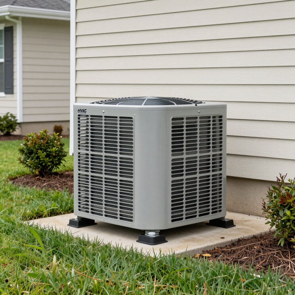 Outdoor air conditioning unit beside a beige house on a concrete pad, surrounded by grass and shrubs