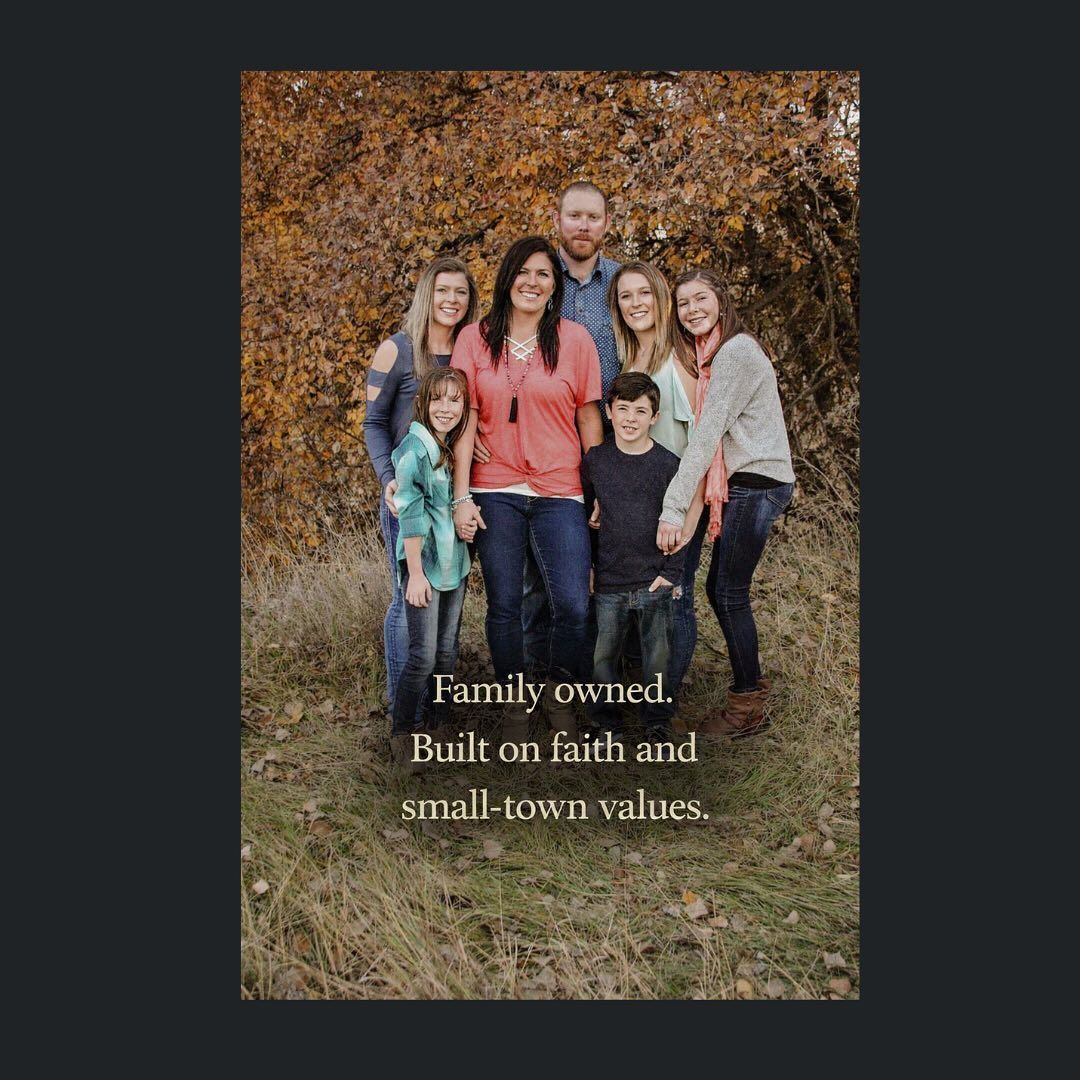 Six people standing outdoors before autumn leaves with text: “Family owned. Built on faith and small-town values.”