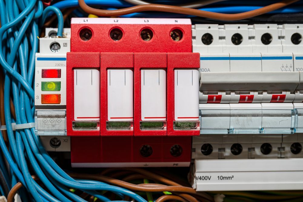 Red electrical circuit breakers in a panel with blue wiring and colored indicator lights
