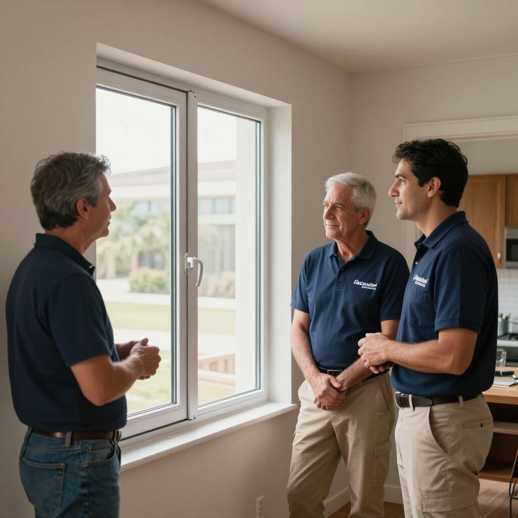 Tres hombres con camisas azul marino discutiendo sobre la instalación de una ventana en una habitación luminosa.