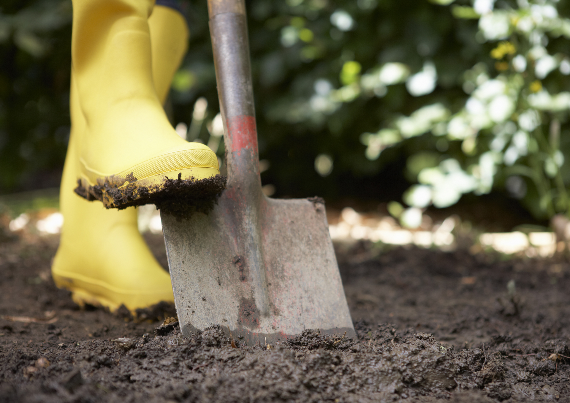Digging in the soil with yellow gumboots