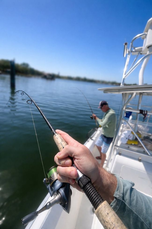 Two people fishing from a boat on a calm lake under a clear blue sky