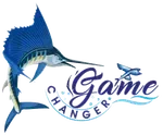 Blue marlin leaping beside the words “Game Changer” in blue and white.