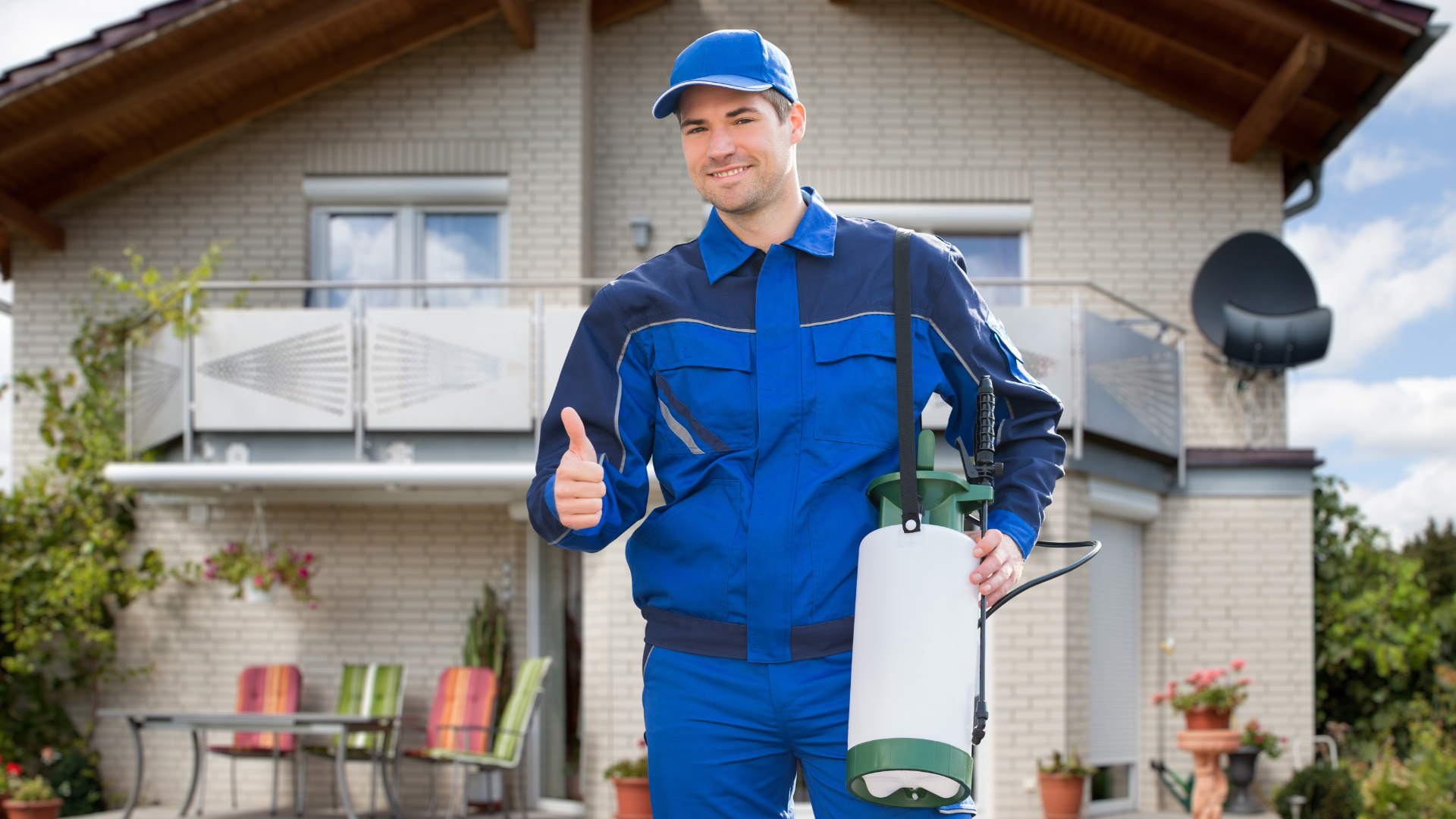A man is standing in front of a house holding a sprayer and giving a thumbs up.