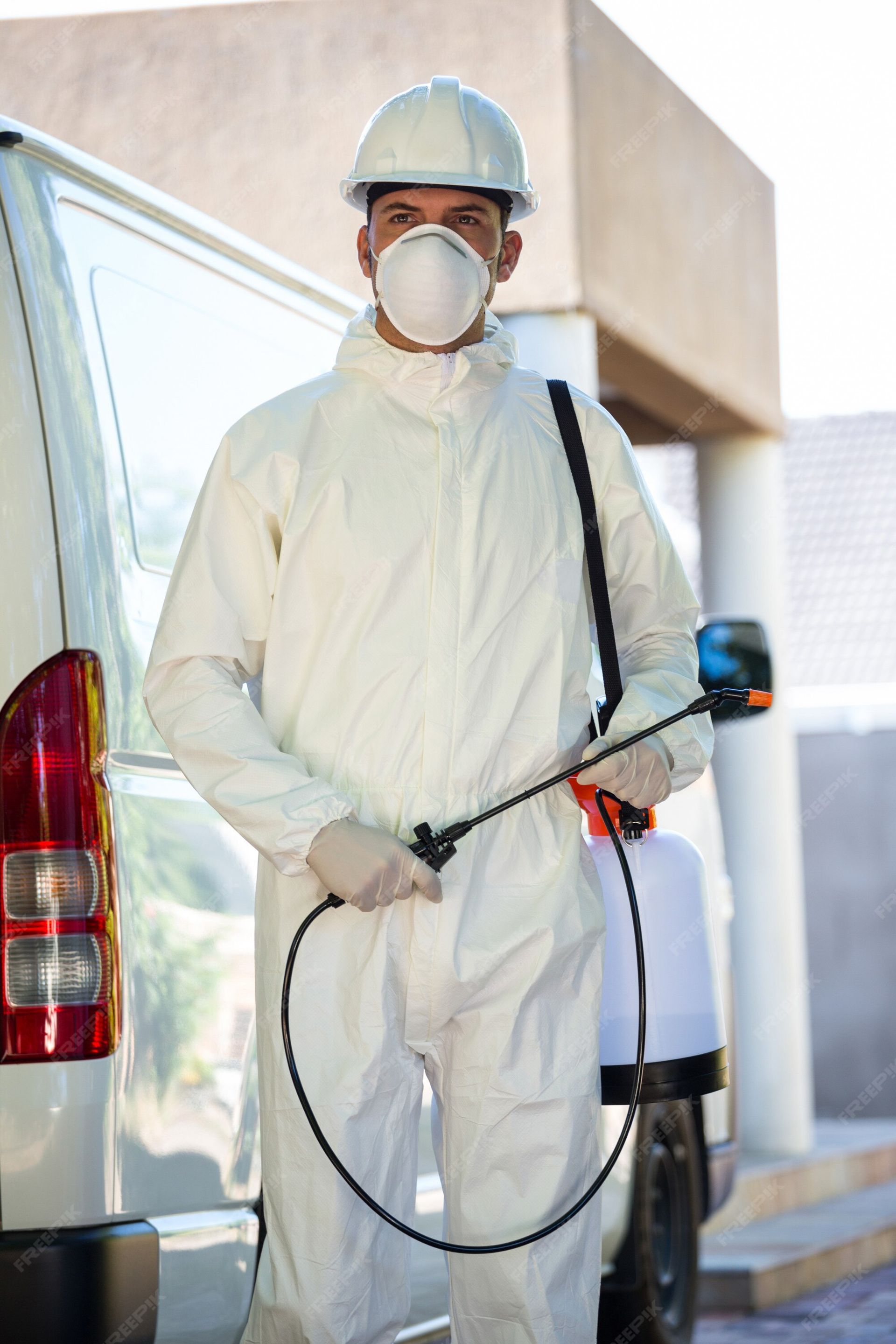 A man in a protective suit is spraying a van with a sprayer.