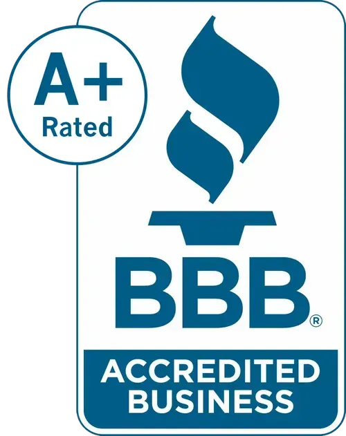BBB Accredited Business A+ rated logo in blue and white