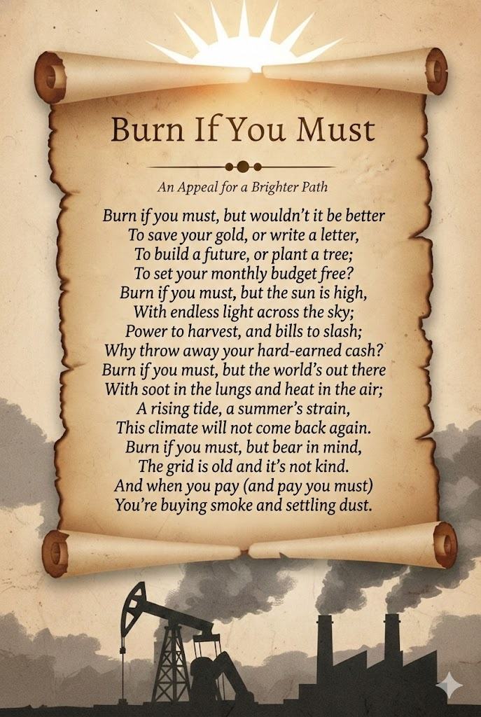 Vintage parchment poster reading “Burn If You Must,” with a poem and oil rig silhouettes at the bottom.