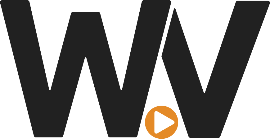Black stylized “W” logo with an orange play button in the center
