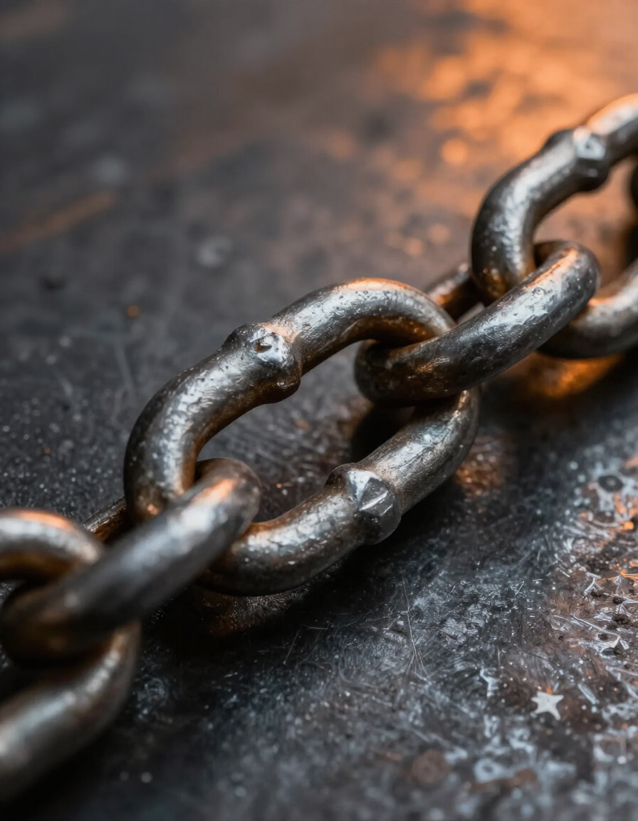 Metallic chain link on industrial steel surface with warm orange side-light