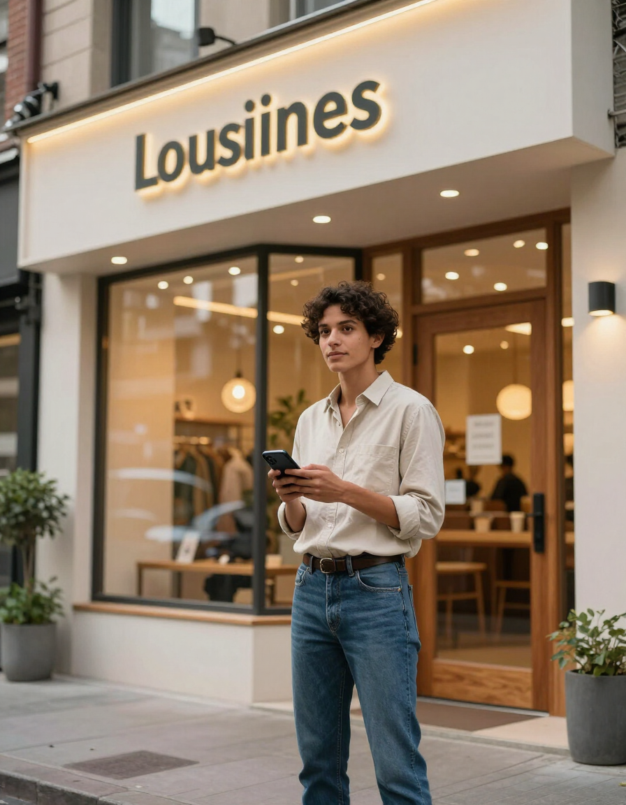 Local business owner outside storefront with smartphone