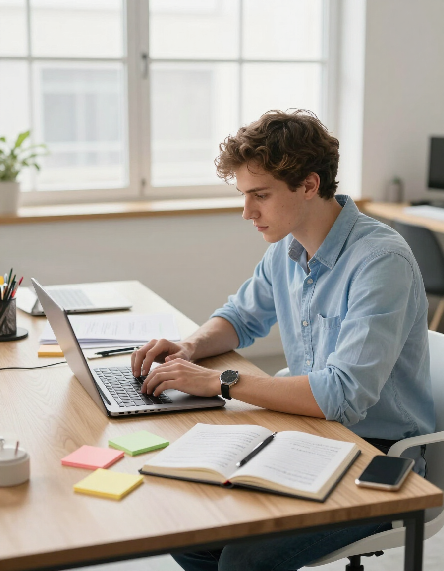 Person writing and editing website content at a laptop with notebook and planning materials