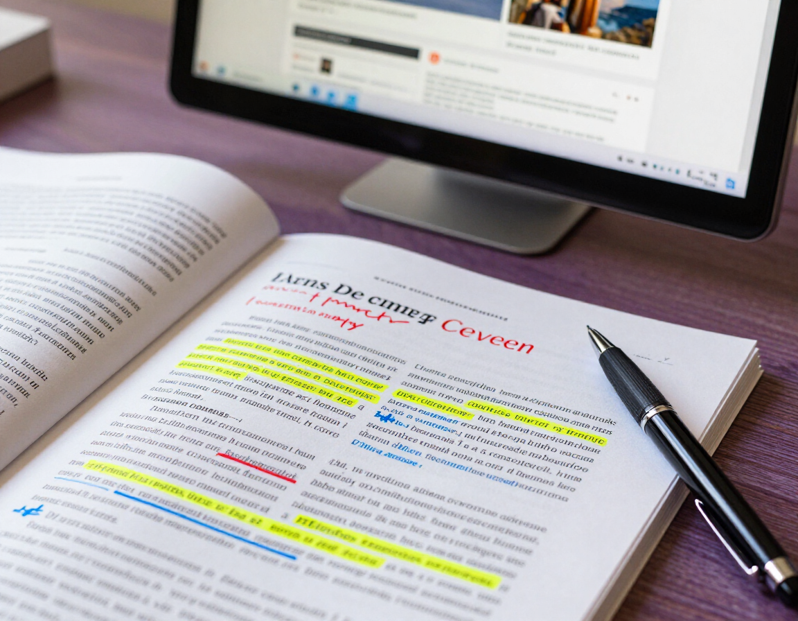 Article with editorial markup annotations being reviewed