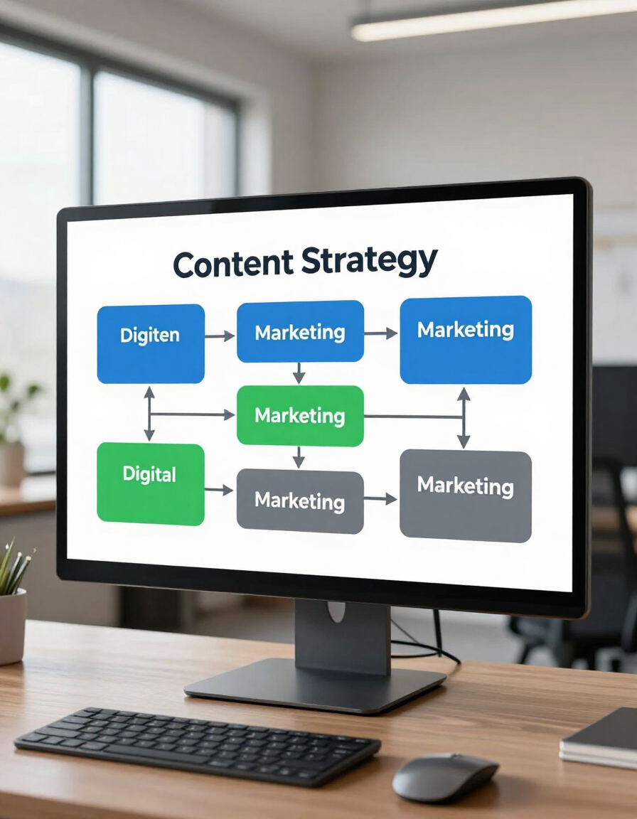 Content strategy diagram on a whiteboard in a professional office