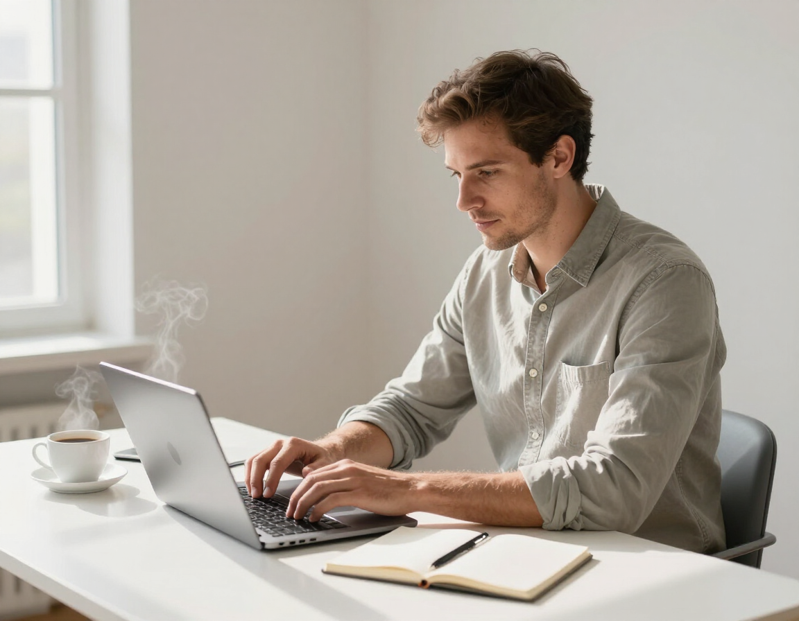 Content strategist writing at a modern desk