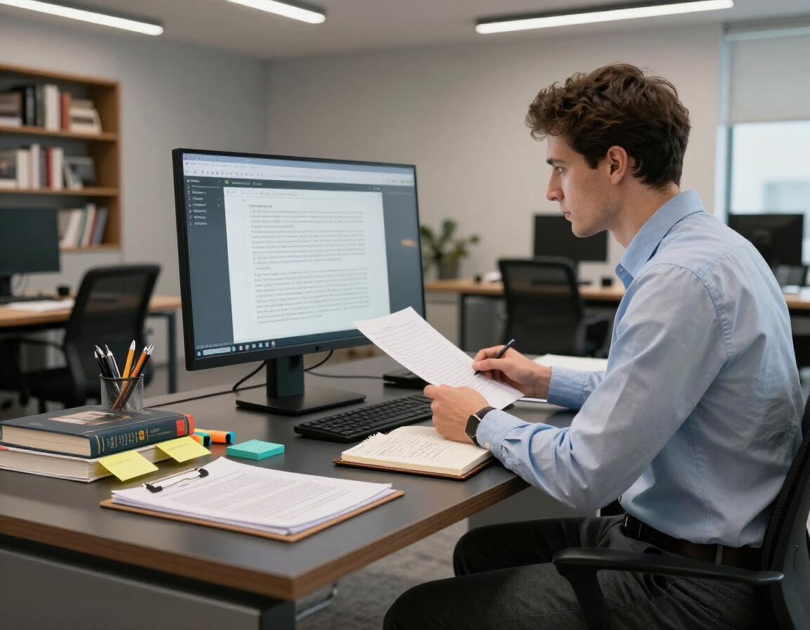 Journalist reviewing long-form content at a modern desk