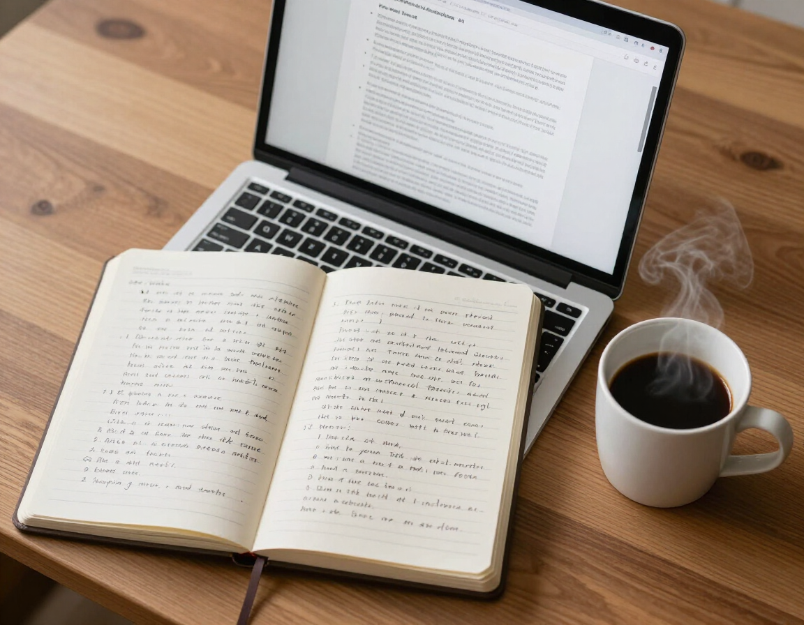 Content strategy desk scene with notebook, laptop and coffee