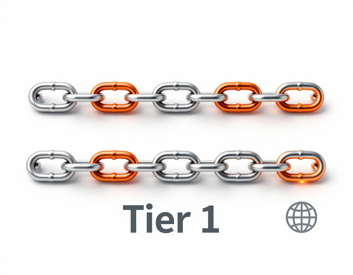 Tier 2 link building diagram showing tiered chain links connecting to a website