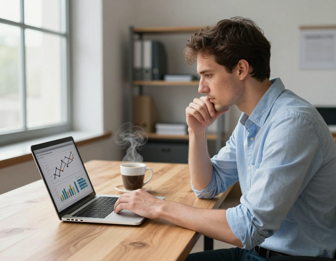 Professional reviewing analytics at clean desk with natural light