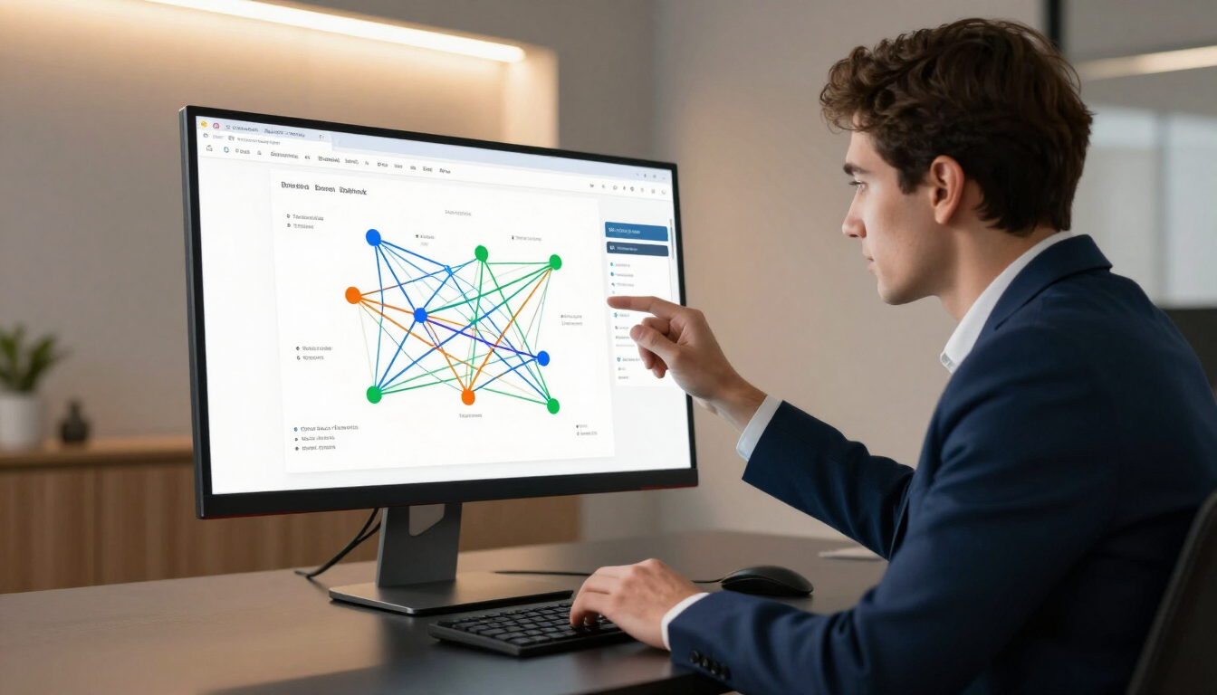 Professional analyzing a backlink graph on a monitor