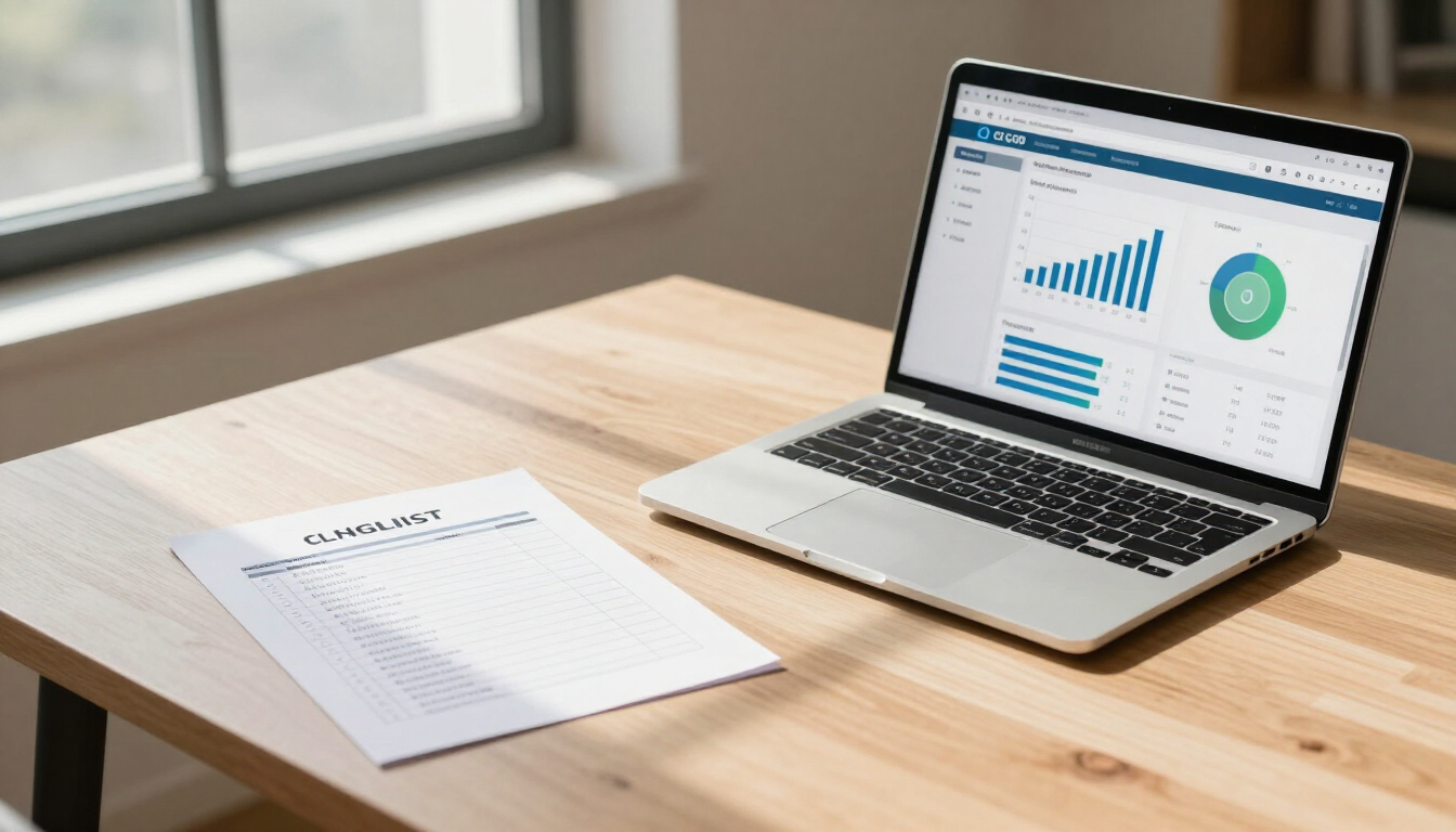 Desk with checklist and analytics dashboard
