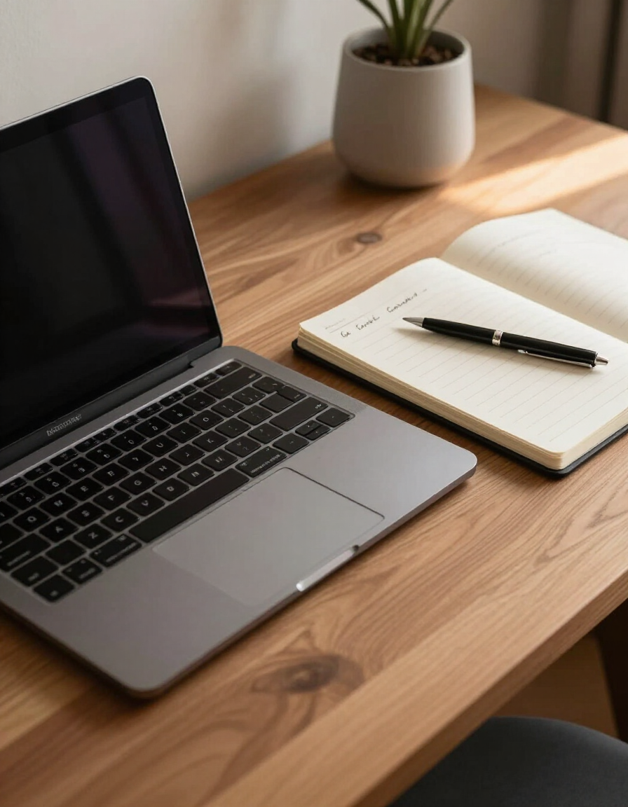 Professional content writer at editorial desk with laptop and notebook