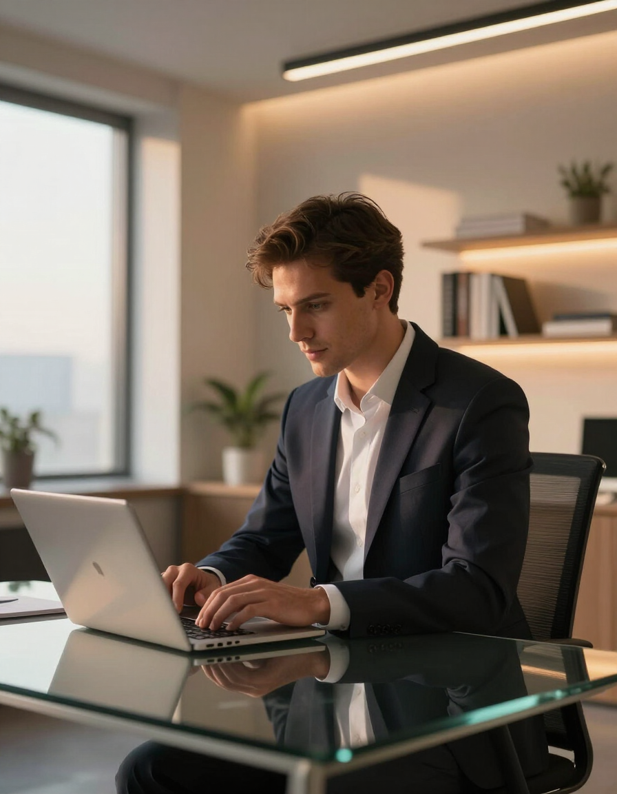 Business professional reviewing content on laptop in modern office