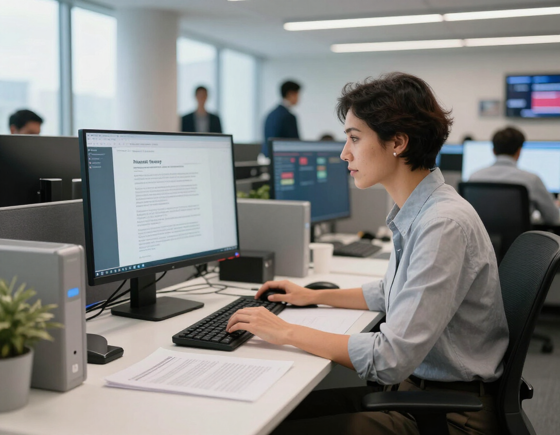 Professional press release writer at a modern desk