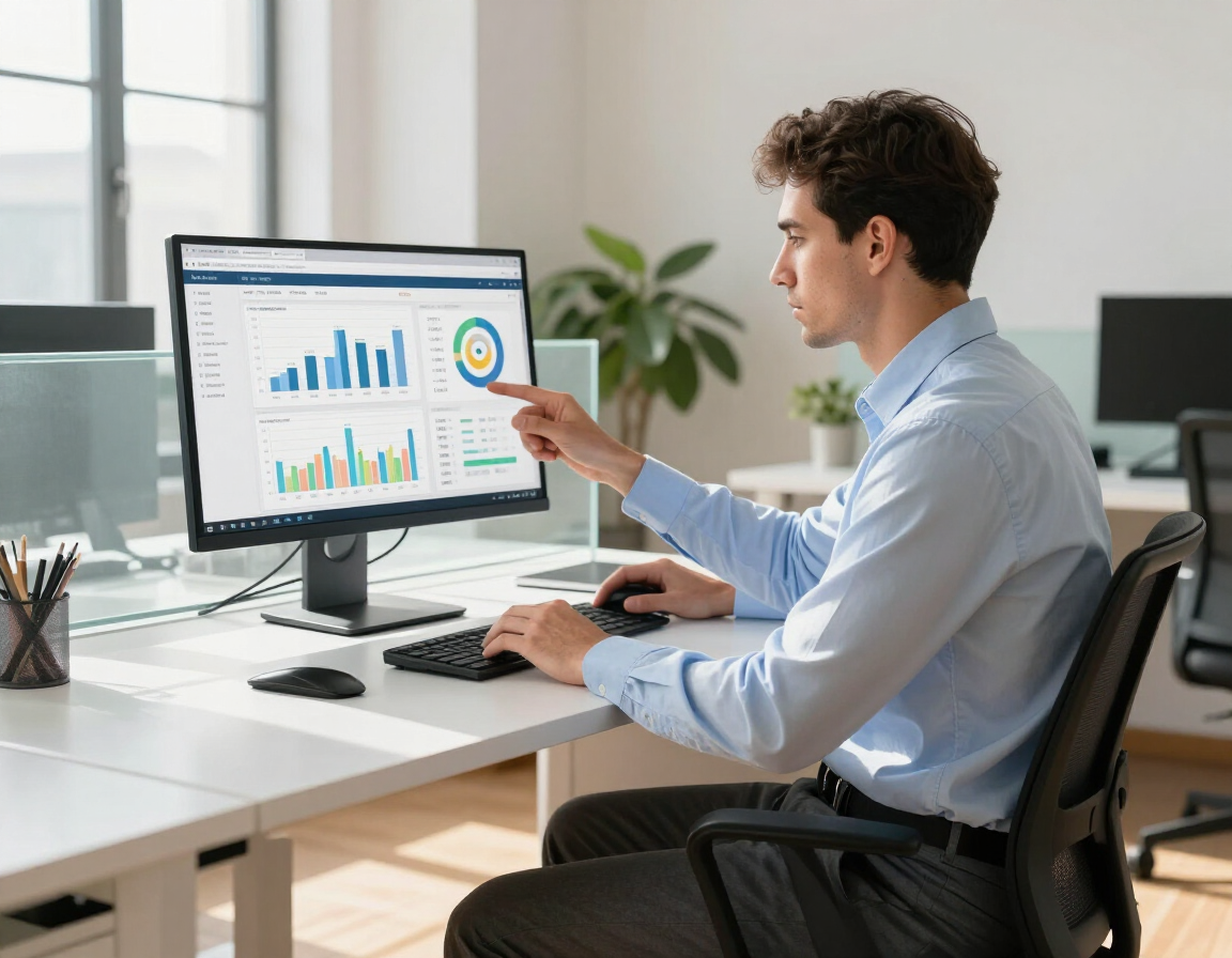 SEO strategist reviewing a backlink profile report on a large monitor in a modern office