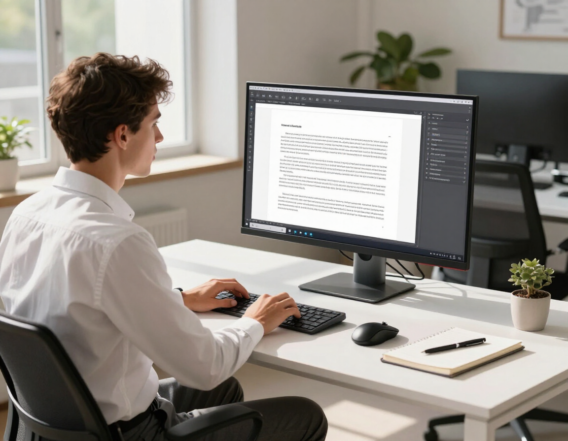 Professional writing SEO blog content at a clean desk