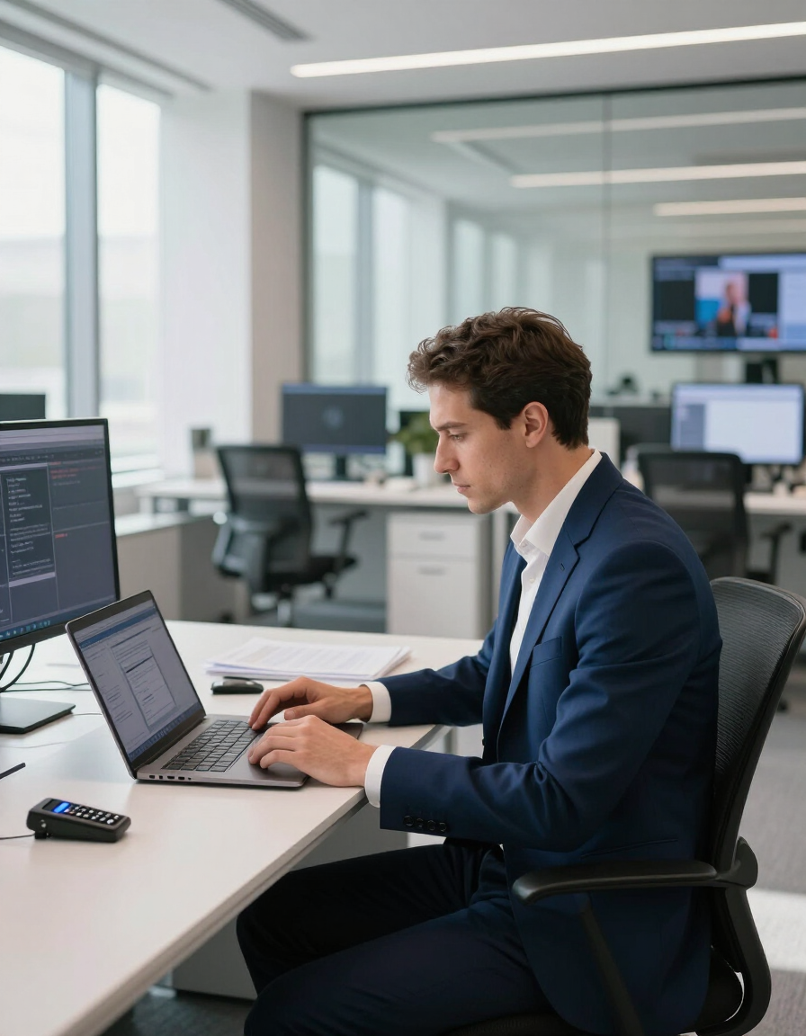 Journalist reviewing content in a modern newsroom