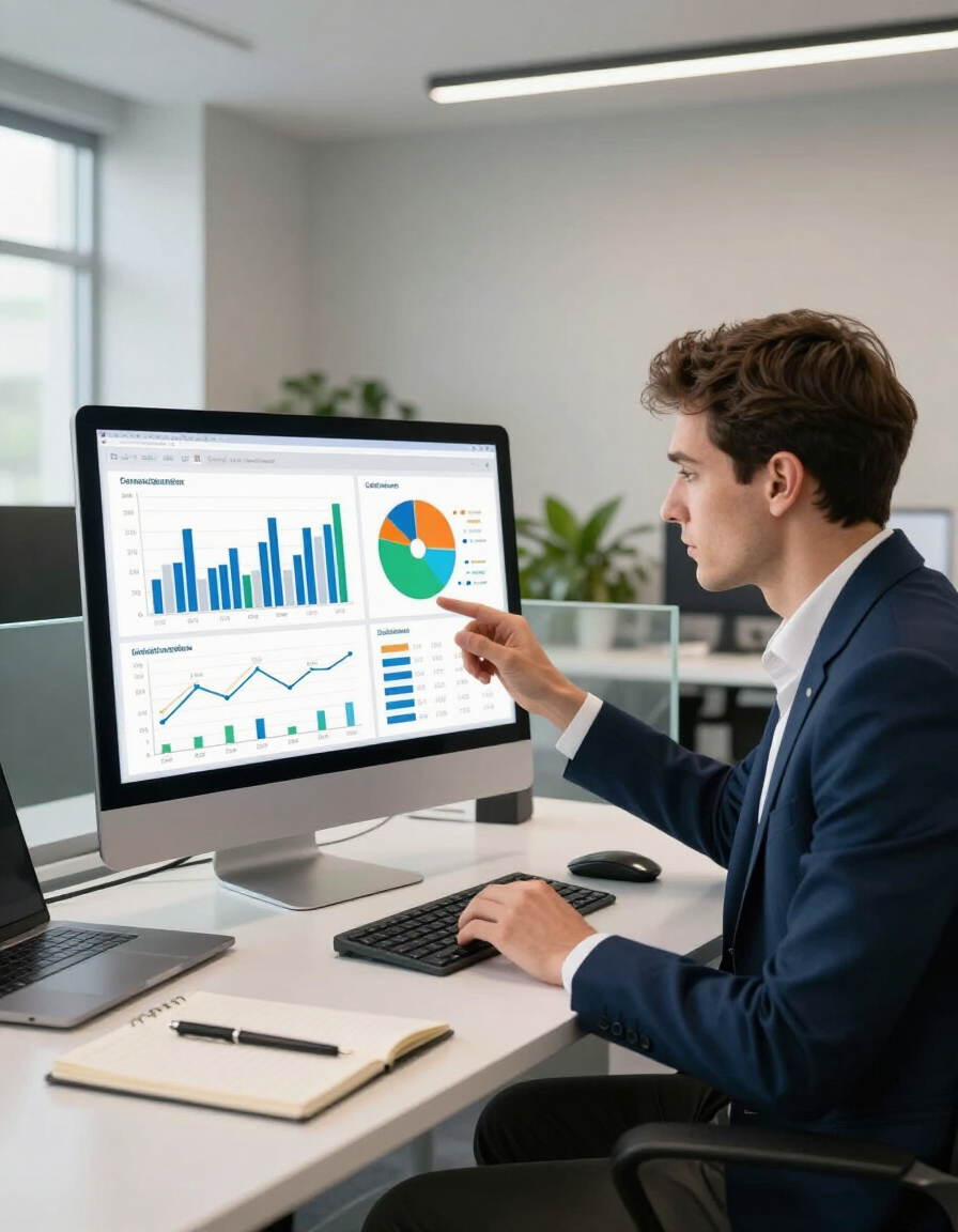 Content strategist reviewing a data report on a desktop monitor