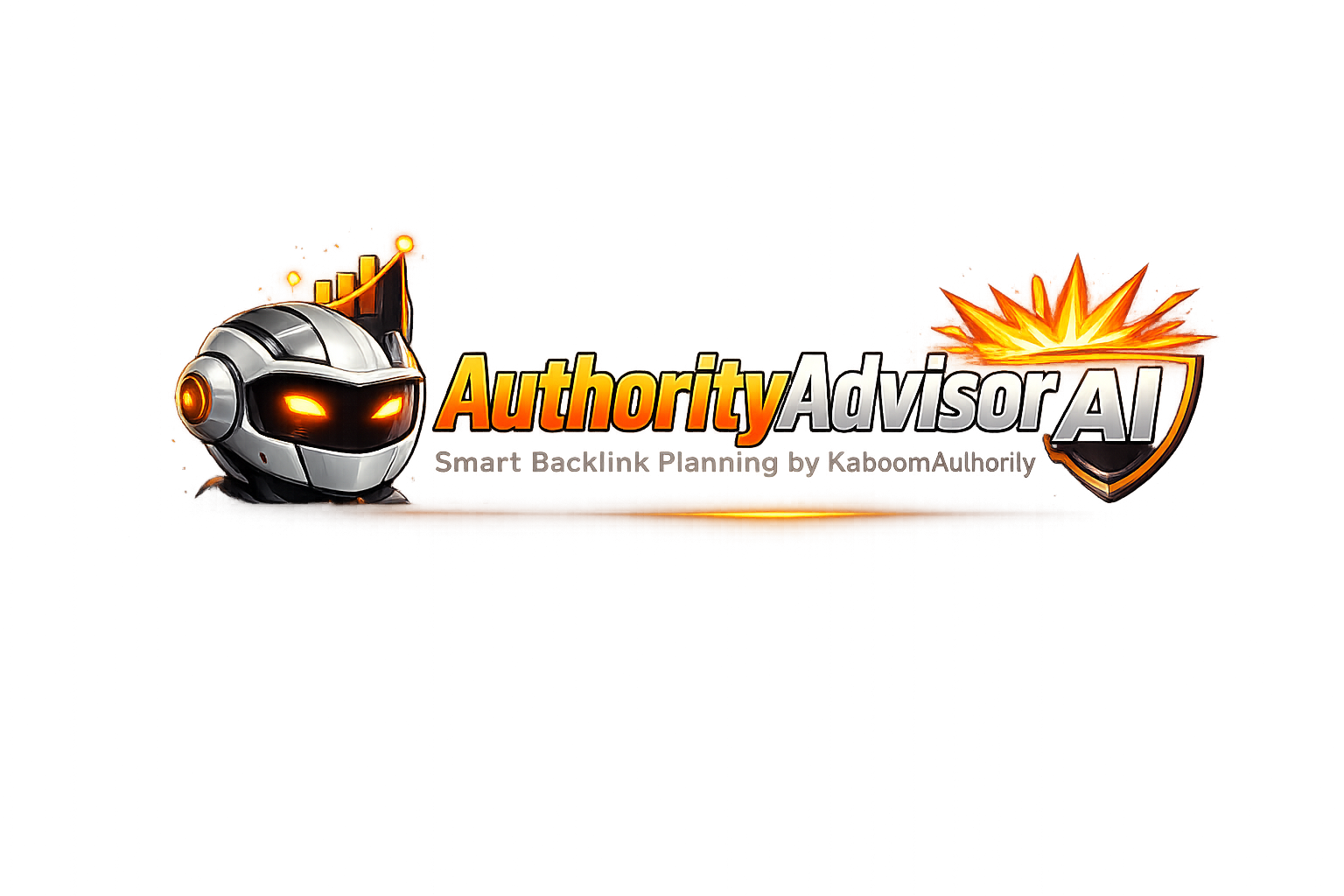 Authority Advisor logo with metallic robot head and orange starburst text on white background