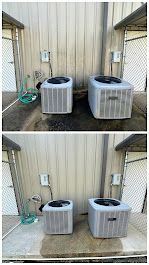 Two air conditioning units sit outside a building with a hose and electrical boxes.