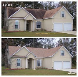 Before-and-after of a beige house, with a dirty roof (before) and clean roof (after).