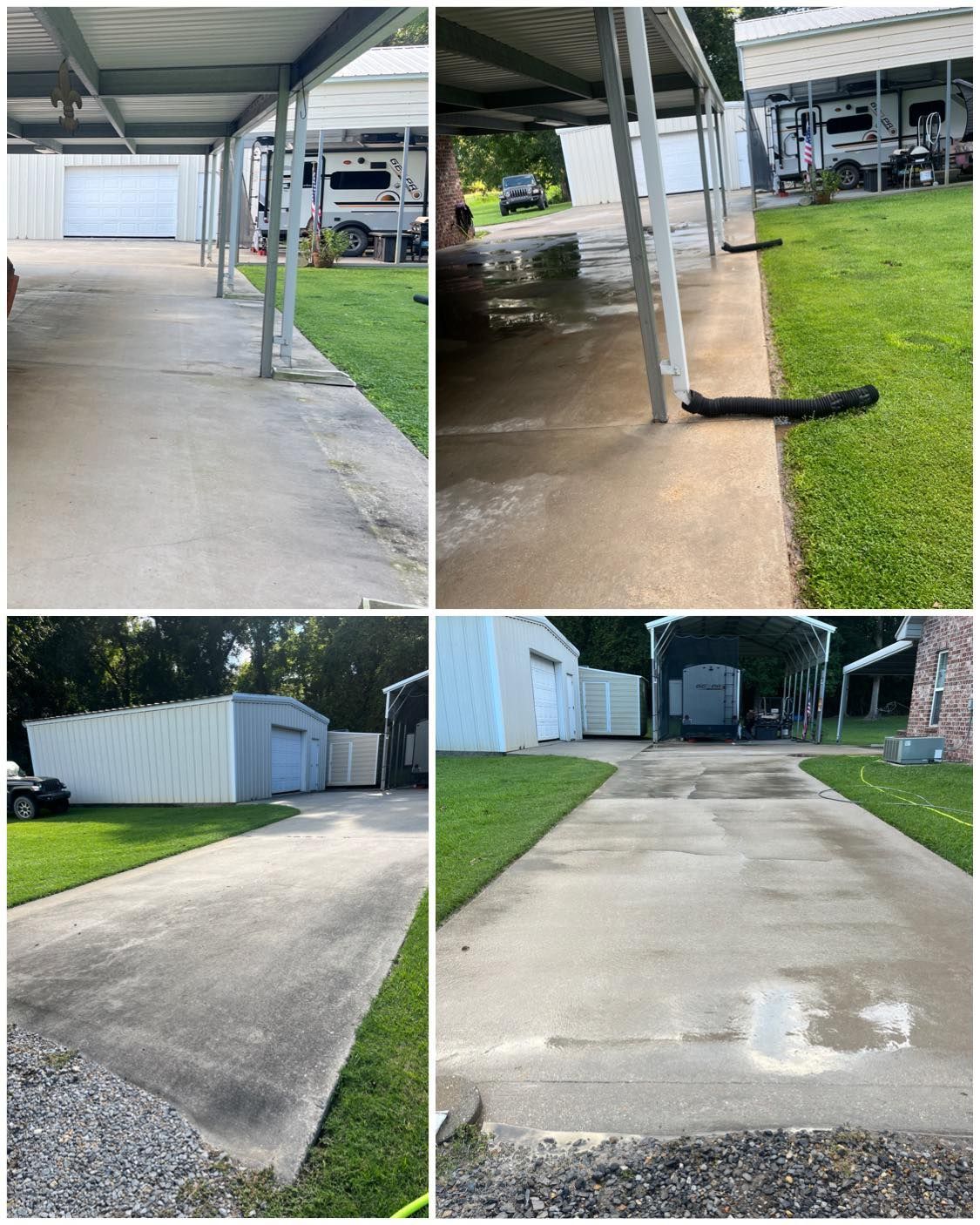Four views of a concrete driveway, possibly before and after cleaning. Includes carport and grassy edges.