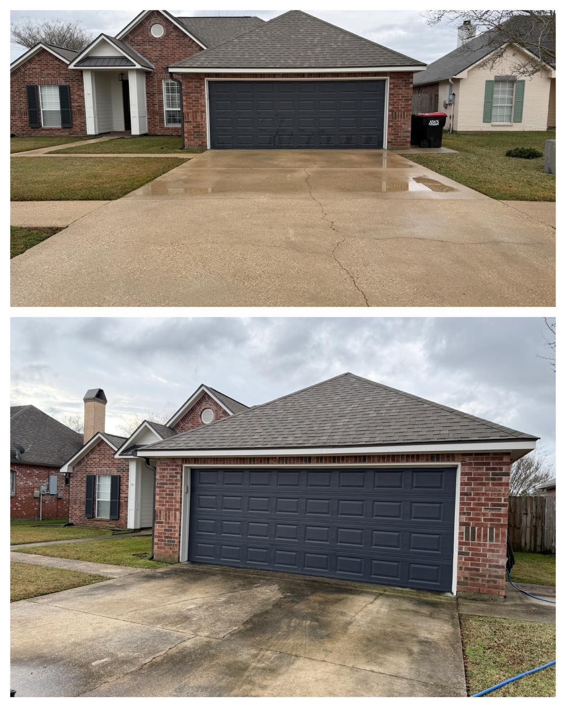 Two-panel comparison of a house with a garage, showing a clean, wet driveway in the top image and a stained driveway in the bottom image.