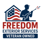 Logo: American flag house, man with pressure washer, text "Freedom Exterior Services, Veteran Owned".