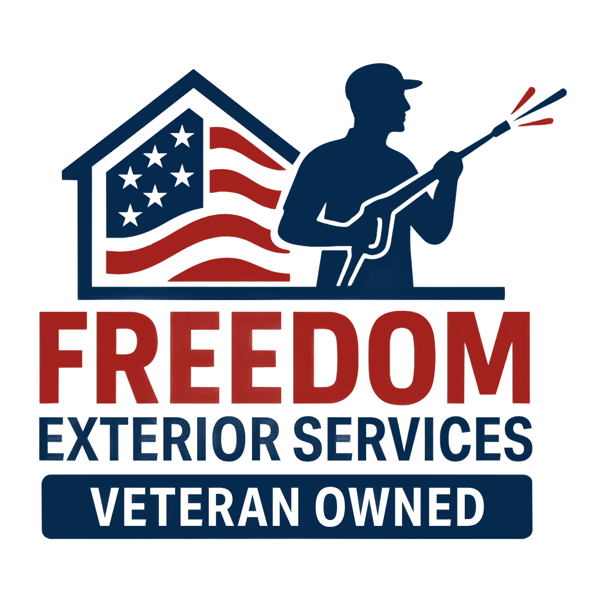 Logo: American flag house, man with pressure washer, text "Freedom Exterior Services, Veteran Owned".