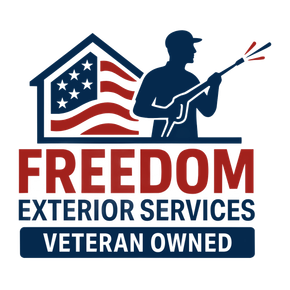 Logo: American flag house, man with pressure washer, text "Freedom Exterior Services, Veteran Owned".