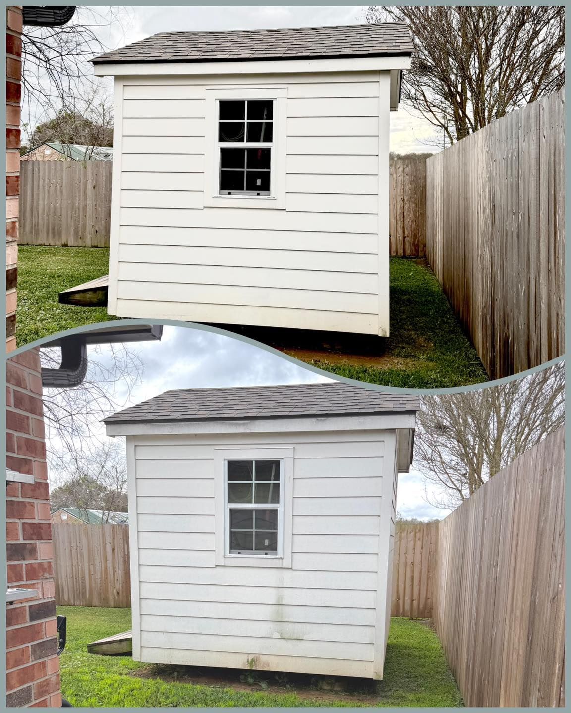 White shed with a small window, between wooden fences, on grass.